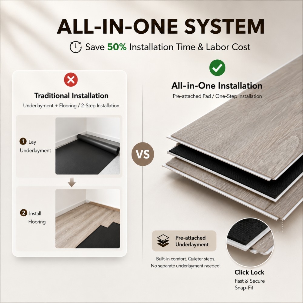 Premium WPC Flooring with Pre-Attached IXPE/EVA Underlayment