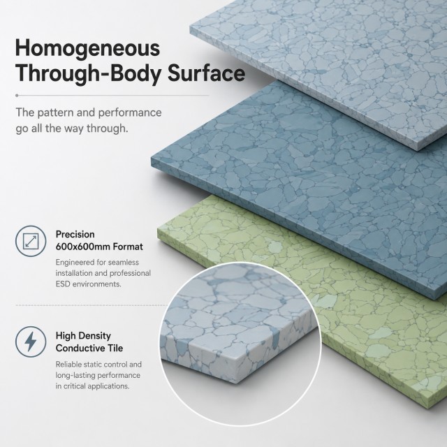 Premium Homogeneous ESD Vinyl Tiles 600x600mm - High Density Conductive Flooring for SMT & Electronics Facilities